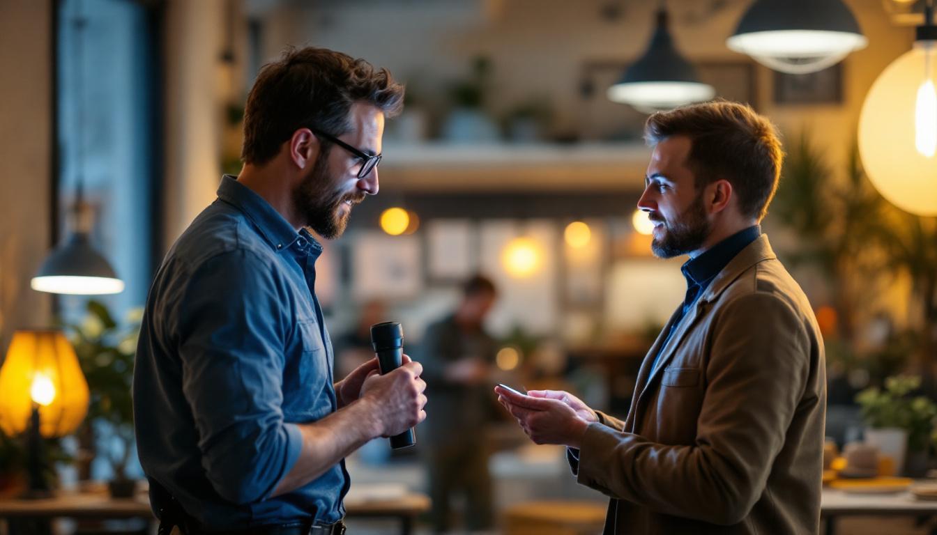 A photograph of a lighting contractor engaged in a consultation with a client