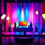 A photograph of a beautifully designed rgb light room showcasing a variety of colorful lighting setups