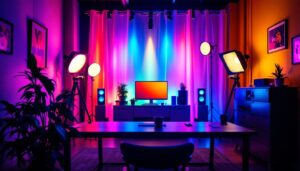 A photograph of a beautifully designed rgb light room showcasing a variety of colorful lighting setups
