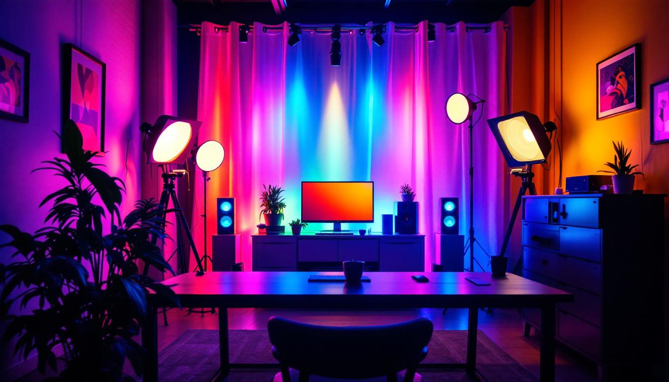 A photograph of a beautifully designed rgb light room showcasing a variety of colorful lighting setups