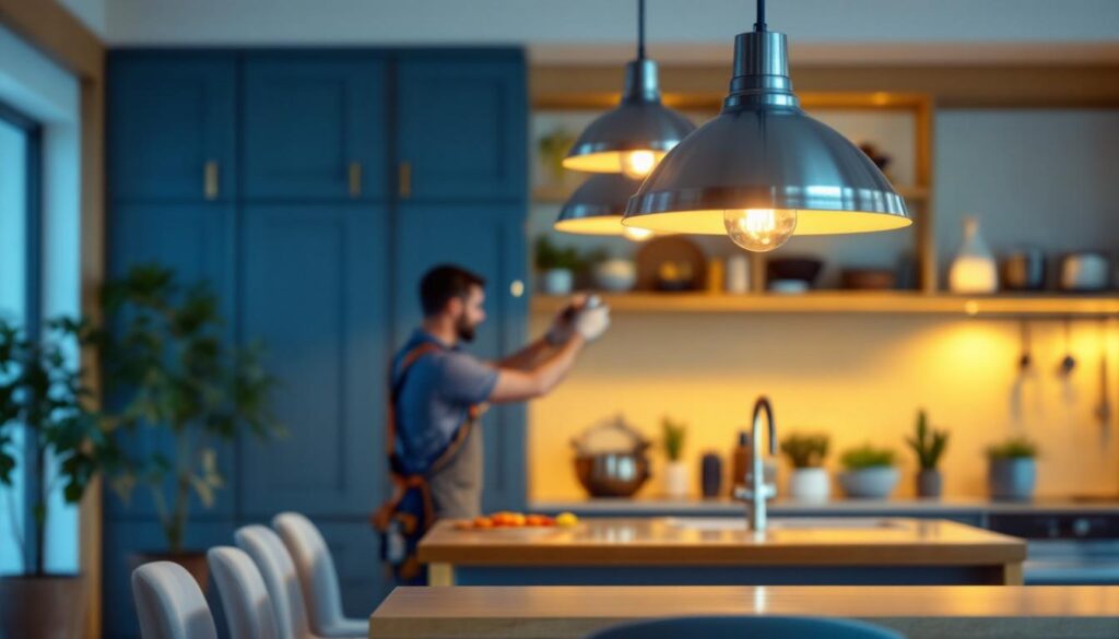 A photograph of a stylish kitchen or dining area featuring elegant stainless steel pendant lights