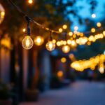 A photograph of a well-lit outdoor space featuring dangling lights strung above a pathway