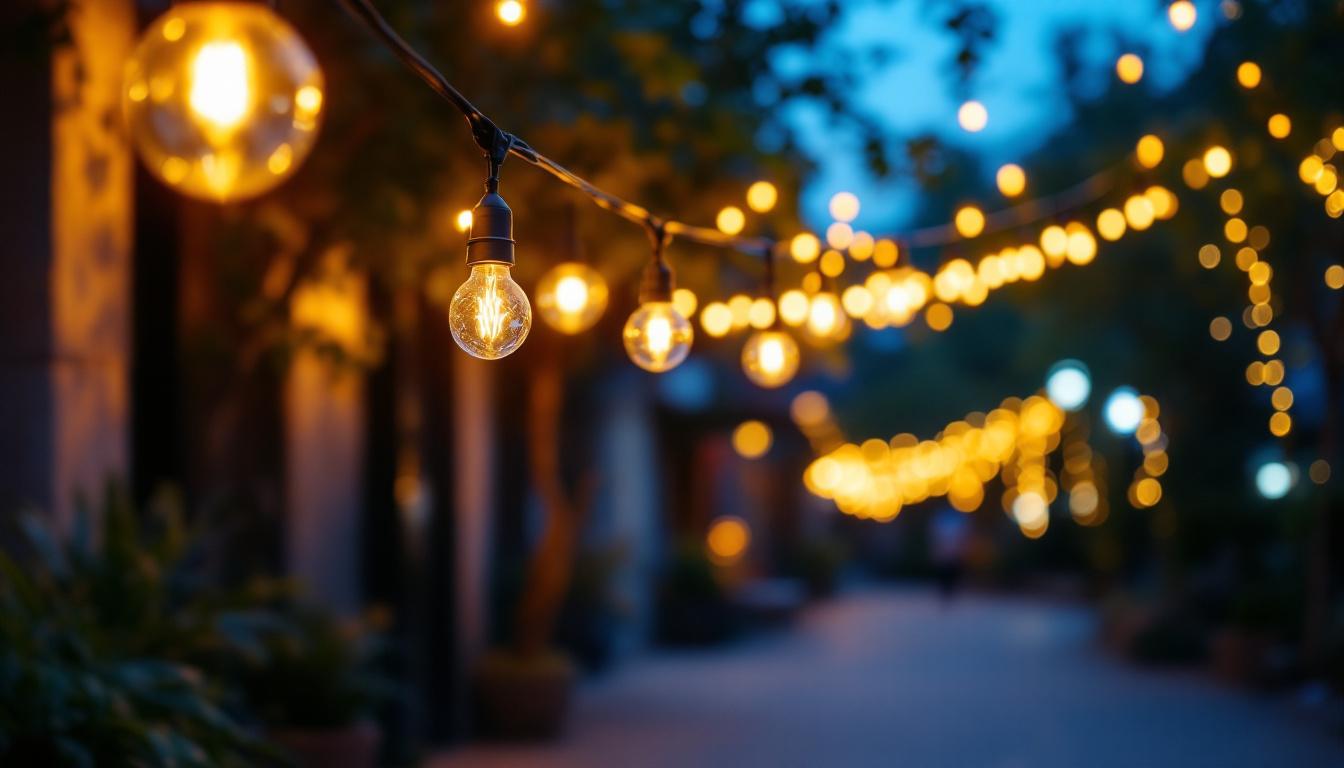 A photograph of a well-lit outdoor space featuring dangling lights strung above a pathway