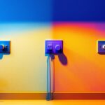 A photograph of a well-lit interior space showcasing a variety of colored electrical receptacles in use