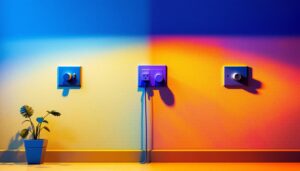 A photograph of a well-lit interior space showcasing a variety of colored electrical receptacles in use