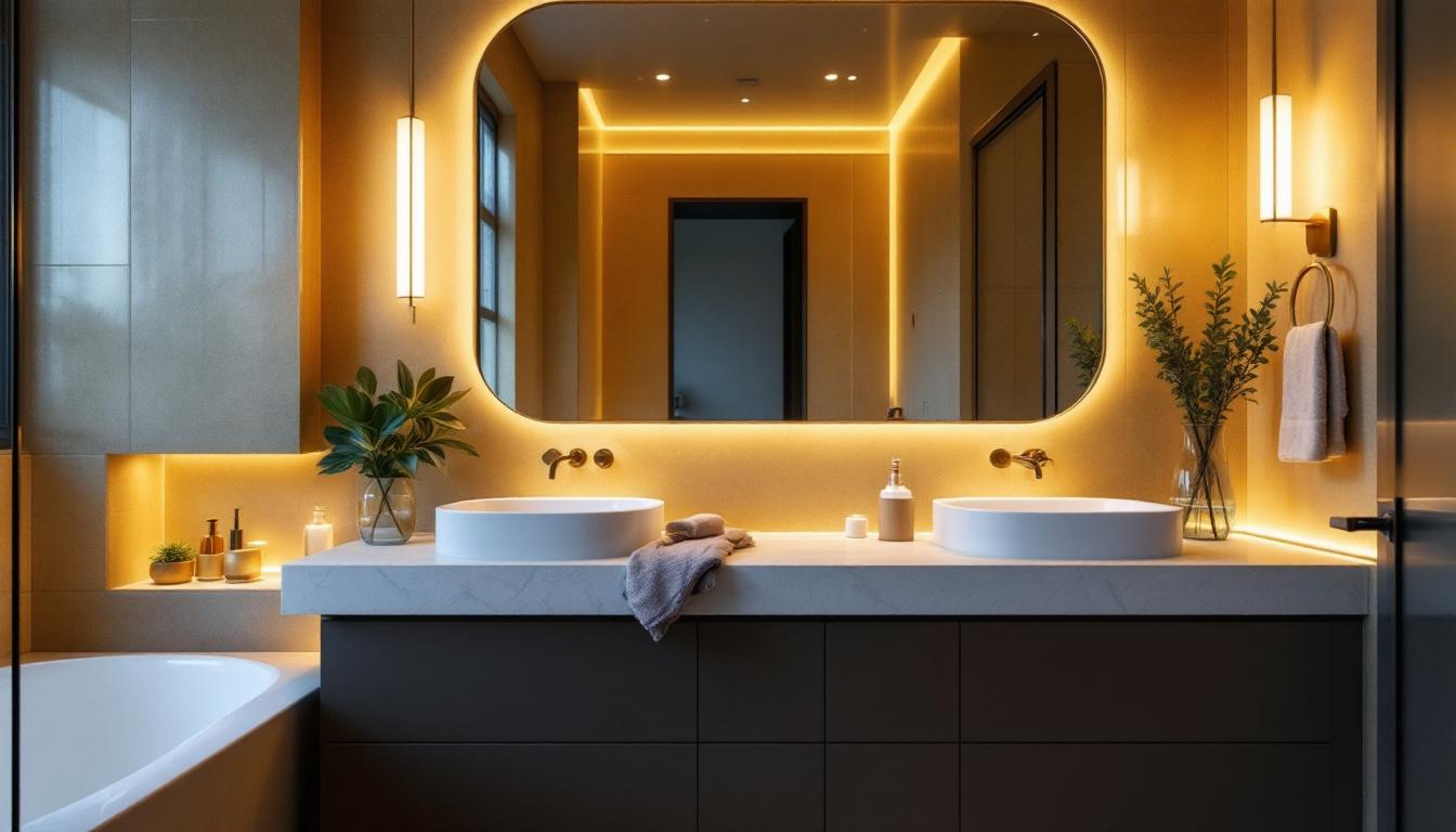 A photograph of a beautifully designed bathroom vanity illuminated by stylish light fixtures