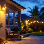 A photograph of a beautifully illuminated outdoor space at dusk showcasing various motion sensor lights in action