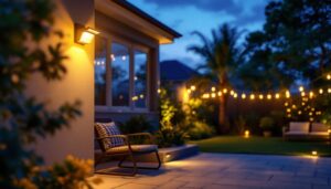 A photograph of a beautifully illuminated outdoor space at dusk showcasing various motion sensor lights in action