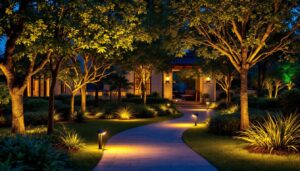 A photograph of a beautifully illuminated outdoor space featuring led landscape spotlights highlighting trees
