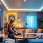 A photograph of a lighting contractor skillfully installing recessed light covers in a modern living space