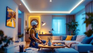 A photograph of a lighting contractor skillfully installing recessed light covers in a modern living space
