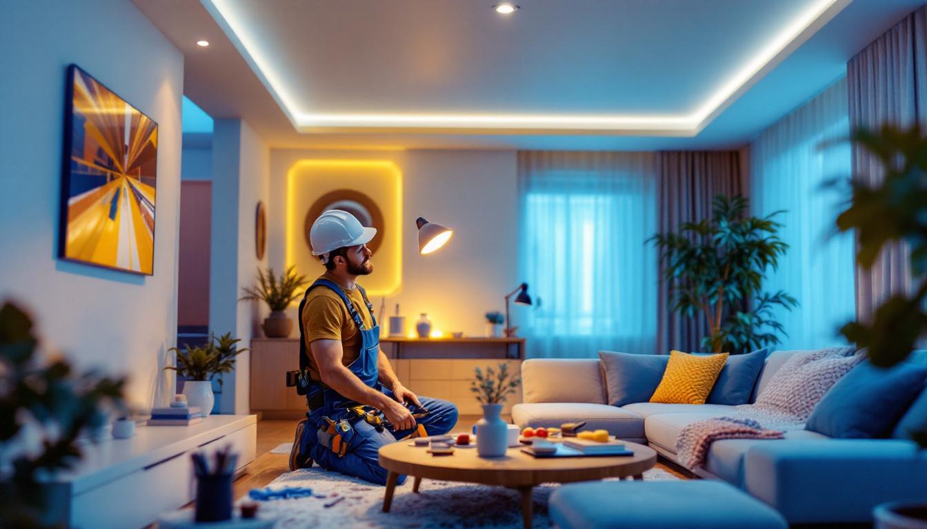 A photograph of a lighting contractor skillfully installing recessed light covers in a modern living space