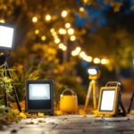 A photograph of a well-lit outdoor scene showcasing various portable lighting solutions in use