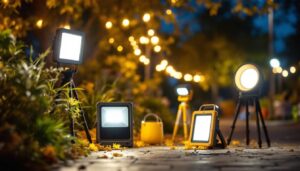 A photograph of a well-lit outdoor scene showcasing various portable lighting solutions in use