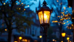 A photograph of an elegant antique lamp post illuminated at dusk