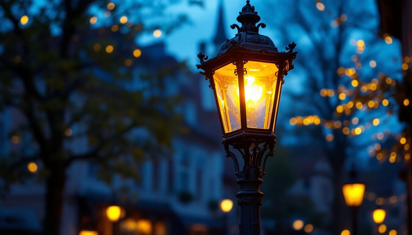 A photograph of an elegant antique lamp post illuminated at dusk