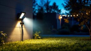 A photograph of a well-lit outdoor space showcasing a motion sensor flood light in action