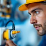 A photograph of a lighting contractor inspecting a switched plug installation