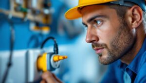 A photograph of a lighting contractor inspecting a switched plug installation