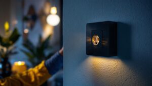A photograph of a skilled lighting contractor installing a stylish decor receptacle in a modern home setting