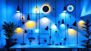 A photograph of a well-designed lighting wall in a modern workspace