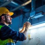 A photograph of a lighting contractor inspecting or installing a ballast fluorescent light fixture in a commercial setting