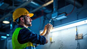 A photograph of a lighting contractor inspecting or installing a ballast fluorescent light fixture in a commercial setting