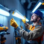 A photograph of a lighting contractor expertly installing a 2 ft fluorescent bulb in a well-lit workspace