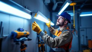 A photograph of a lighting contractor expertly installing a 2 ft fluorescent bulb in a well-lit workspace