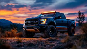 A photograph of a rugged pickup truck illuminated by high-quality phoenix truck lights in a dynamic outdoor setting