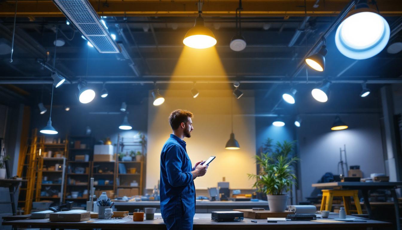 A photograph of a well-lit workspace featuring a variety of track light fixtures in use