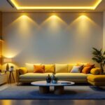 A photograph of a modern living space featuring stylish box recessed lighting installations