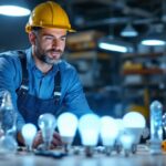 A photograph of a lighting contractor examining a variety of self-ballasted light bulbs in a well-lit workspace