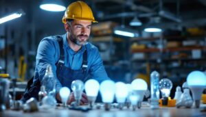 A photograph of a lighting contractor examining a variety of self-ballasted light bulbs in a well-lit workspace