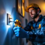 A photograph of a lighting contractor expertly installing a locking plug outlet in a residential or commercial setting