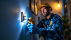 A photograph of a lighting contractor expertly installing a locking plug outlet in a residential or commercial setting