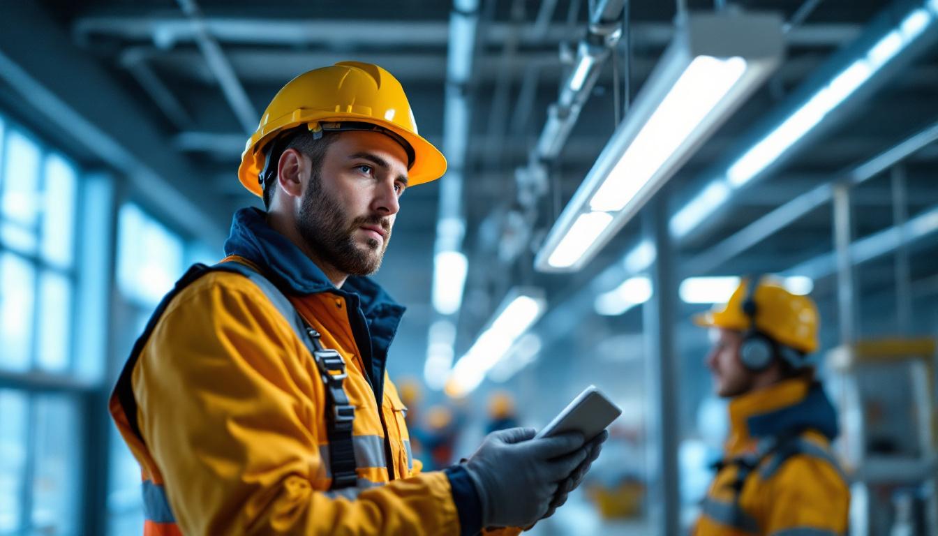 A photograph of a lighting contractor working with class p ballast in a commercial setting