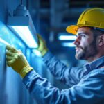 A photograph of a lighting contractor installing or demonstrating a uv disinfection light in a commercial setting