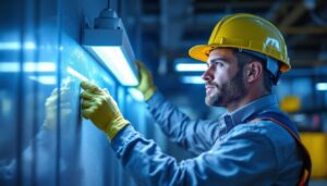 A photograph of a lighting contractor installing or demonstrating a uv disinfection light in a commercial setting