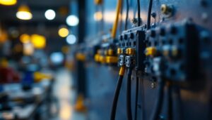 A photograph of a close-up shot of low voltage wire splice connectors in use