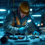 A photograph of a skilled lighting contractor expertly installing or demonstrating the bypassing of a ballast in a well-lit environment