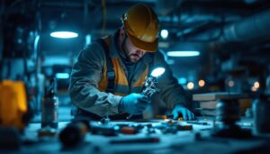A photograph of a skilled lighting contractor expertly installing or demonstrating the bypassing of a ballast in a well-lit environment