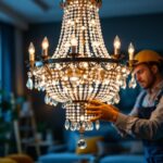 A photograph of a beautifully designed chandelier being expertly installed by a lighting contractor