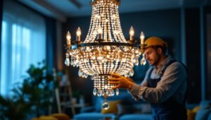 A photograph of a beautifully designed chandelier being expertly installed by a lighting contractor
