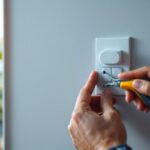 A photograph of a lighting contractor skillfully installing an in-wall timer light switch in a residential setting