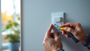 A photograph of a lighting contractor skillfully installing an in-wall timer light switch in a residential setting