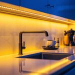 A photograph of a sleek kitchen or workspace featuring under counter led lighting strips in action