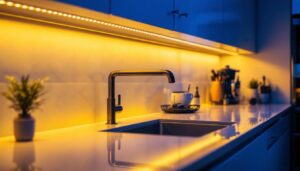 A photograph of a sleek kitchen or workspace featuring under counter led lighting strips in action