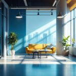 A photograph of a modern workspace or urban environment bathed in natural light
