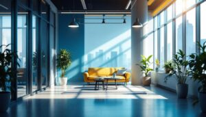 A photograph of a modern workspace or urban environment bathed in natural light